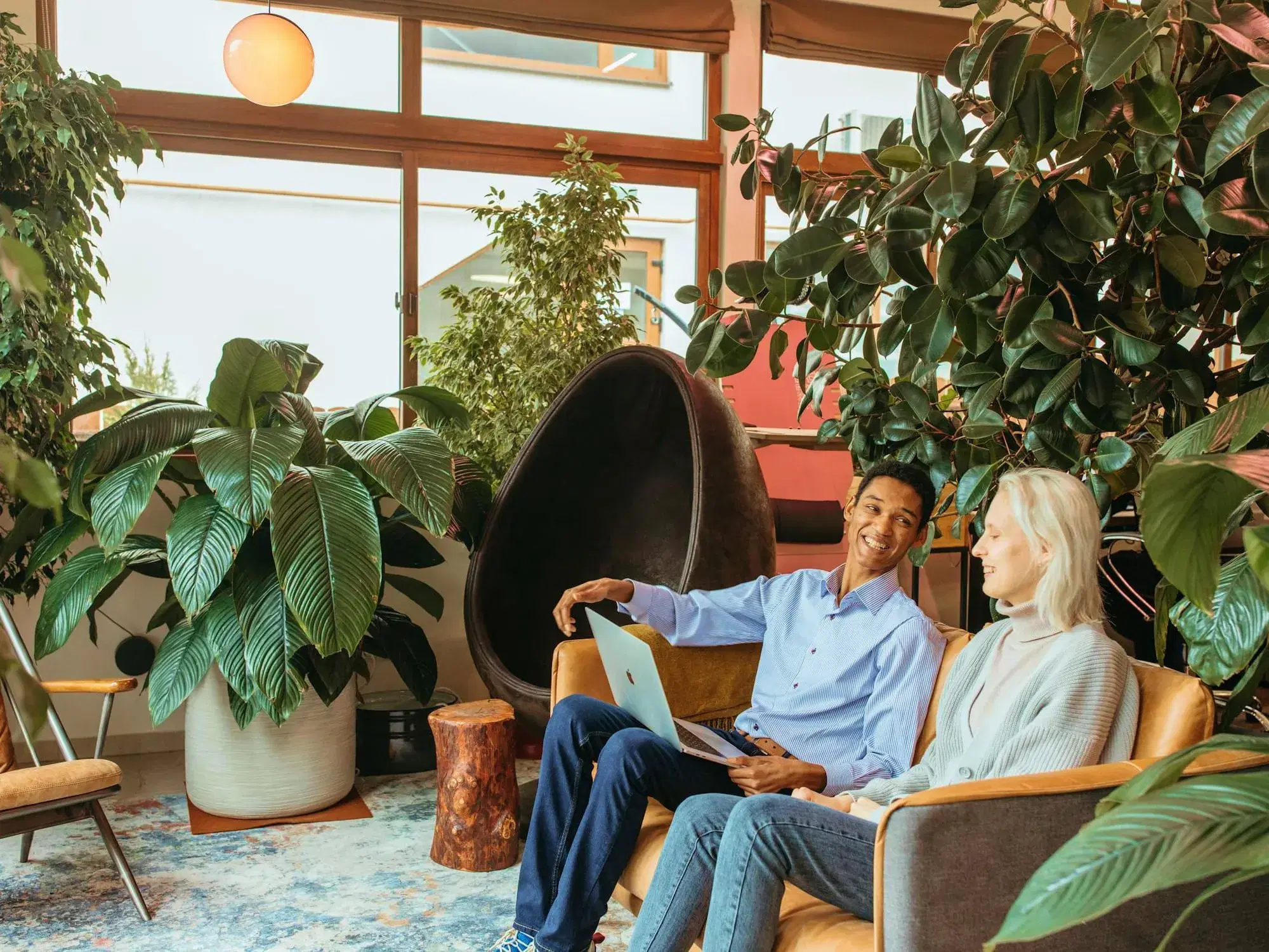 Two people in a relaxed, plant-filled workspace
